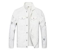 SUKDO Herren Jeansjacke Casual Denim Ripped Jacke Knopf Klassische Jacken Jeans Mäntel Oberbekleidung Slim Jeansjacke Mantel Gr. 48, weiß