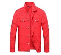 SUKDO Herren Jeansjacke Casual Denim Ripped Jacke Knopf Klassische Jacken Jeans Mäntel Oberbekleidung Slim Jeansjacke Mantel Gr. 48, rot