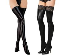SUMCNU 2 Paare Latex Strümpfe Overknee Wetlook Strümpfe Damen Elastische Lederstrümpfe Spitze Lange für Cosplay Kostüm Gothic Punk Kleidung