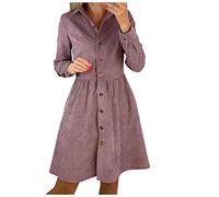 SumLeiter Damen Cordkleider Casual Kleider Swing Langarm Hemdkleid Einreiher Blusenkleid Elegant Longshirt Herbst Leinen Tunikakleider Minikleid Vintage Shirtkleid Winterkleid Lang A-Linien Kleid