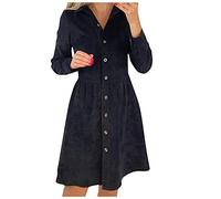 SumLeiter Damen Cordkleider Casual Kleider Swing Langarm Hemdkleid Einreiher Blusenkleid Elegant Longshirt Herbst Leinen Tunikakleider Minikleid Vintage Shirtkleid Winterkleid Lang A-Linien Kleid