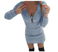 SumLeiter Damen strickkleid sexy Reißverschluss V-Ausschnitt pulloverkleider winter pullikleid elegant Wickelkleider Figurbetont Bleistiftkleid taillenformer sweatkleid mode Sweater Kleid