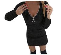 SumLeiter Damen strickkleid sexy Reißverschluss V-Ausschnitt pulloverkleider winter pullikleid elegant Wickelkleider Figurbetont Bleistiftkleid taillenformer sweatkleid mode Sweater Kleid