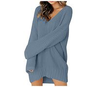 SumLeiter Damen strickkleider lässig einfarbig lässig pullikleid V-Ausschnitt Sweater Kleid Locker Jumper pulloverkleider elegant Minikleid Wickelkleid Mode Stricksweat Strickpullover Winterkleid
