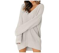 SumLeiter Damen strickkleider lässig einfarbig pullikleid V-Ausschnitt Sweater Kleid Locker Jumper pulloverkleider Minikleid Wickelkleid Mode Stricksweat Strickpullover Winterkleid, Weiß, XL