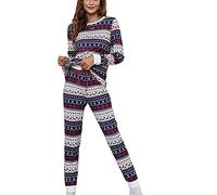 SumLeiter Schlafanzug Damen Rundhals Lang Pyjama Set Winter Zweiteiliges Set Hausanzug Weihnachten Langarm Nachtwäsche mit Karierte Schlafanzughose Lockere Sleepwear Soft Loungewear Freizeitanzug