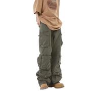 Sumleno Damen Baggy Cargohose Y2K Kleidung Multi-Pocket Relaxed Fit Jeans Fairy Grunge Kleidung Alt Emo Streetwear, Grün (Army Green), X-Groß