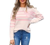Sumleno Damen Pullover mit niedlicher Schleife, gestreift, Rundhalsausschnitt, langärmelig, Strick-Sweatshirt, Top, warm, weich, Winter, Y2K, ästhetischer Pullover, Pink, Klein