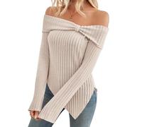 Sumleno Damen Strickpullover mit niedlicher Schleife, schulterfrei, sexy Seitenschlitz, trendig, Y2K, ästhetisch, kokette Kleidung, Beige, Mittel