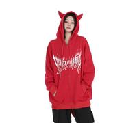 Sumleno Teufelshorn Zip Up Hoodie Frauen Y2K Kleidung Oversized Emo Alt Kapuzen-Sweatshirt Punk Goth Ästhetische Grunge Pullover, B Rot, L