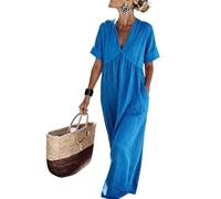 Summer Dress for Women Sommerkleid Damen Maxikleid V Ausschnitt Kurzarm Locker Maxi Kleid mit Taschen Leicht Luftig für Strand Urlaub Freizeit S Blue