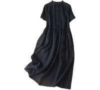 Summer Dress for Women Vintage Cotton Linen Dresses Short Sleeve Round Neck Button Down Pleated Dress (05,m)