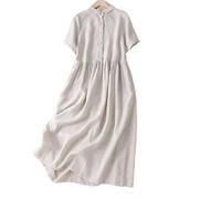 Summer Dress for Women Vintage Cotton Linen Dresses Short Sleeve Round Neck Button Down Pleated Dress (04,m)