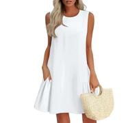 Summer Dress for WomenBlusenkleid Damen Sexy Kleid Elegant Rüschen Einfarbig Ärmellos Rundhals Cut-Outs Knopfleiste Hinten Kurz Minikleid Mit Taschen Swing Kleider(Weiß,XXL)