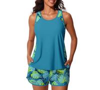 Summer Mae Blouson Tankini-Badeanzüge für Damen, Bauchkontrolle, Zweiteilige Badeanzüge mit sportlichen Taschen, Badeshorts, Tropische grüne Blätter, 22 Plus