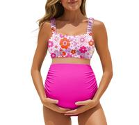 Summer Mae Gerippter Schwangerschafts-Bikini, Badeanzug für Damen, hohe Taille, zweiteiliger Badeanzug, bauchfreies Oberteil, Schwangerschaftsbademode, pink floral, 40