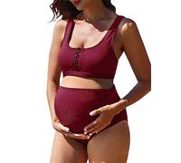 Summer Mae Schwangerschafts-Badeanzug, gerippt, hohe Taille, bauchfreies Oberteil, Bikini, Badeanzug, hoher Schnitt, zweiteilig, Schwangerschafts-Bademode, Weinrot, S
