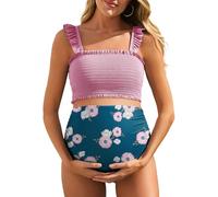 Summer Mae Umstands-Bikini, hohe Taille, zweiteilig, gerüschter Saum, niedlicher Blumen-Badeanzug, Rose, X-Large