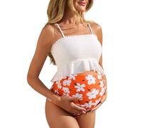 Summer Mae Umstands-Bikini mit hoher Taille, Rüschensaum, gerafftes Bandeau zweiteilig, Schwangerschafts-Bademode, weiße blumen, Medium