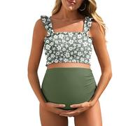 Summer Mae Umstands-Bikini mit hoher Taille, zweiteilig, gerüschtes Saumdesign, süß, Badeanzug mit Blumenmuster für die Schwangerschaft, Large