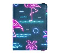 Summer Neon Flamingo Wave Navy Blue Leather Decorative Passport and Imaccine Card Wallet Combo Travel Documents Organizer Protector Travel Passport Wallet Waterproof, Summer Neon Flamingo Wave Navy