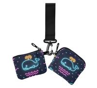 Summer Neon Whale Wave Black Dual Coin Purse Credit Card Holder Wallet Small Detachable Business Card Case Money Organizer with Wristlet Strap for Lady 2 Packs, Summer Neon Whale Wave Black, 1 size