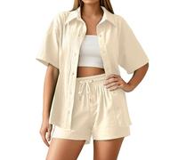 Summer Zweiteiler Damen Musselin Bluse Set, Elegant Leinen Bluse Hemd Und Shorts Einfarbig Lounge Set Strand Y2k Clothes Baumwolle Sportanzug Oversize Freizeitanzug Kurzarm Hausanzug Outfits A