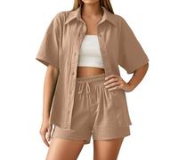 Summer Zweiteiler Damen Musselin Bluse Set, Elegant Leinen Bluse Hemd Und Shorts Einfarbig Lounge Set Strand Y2k Clothes Baumwolle Sportanzug Oversize Freizeitanzug Kurzarm Hausanzug Outfits A