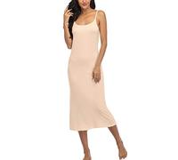 Summienlink Damen Full Slip für Unterkleider Sexy Lang Ärmellos Nachthemd Cami Kleid - Beige - Groß