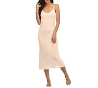 Summienlink Damen Lang Full Slip für Unterkleider V Ausschnitt Nachthemd Sexy Cami Kleid, Nude, Small