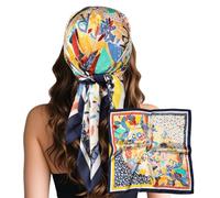 Sumolux Kopftuch für Damen, Satin, Seide, Schal, Bandana, Haarwickel, Nacht, groß, quadratisch, 69,8 cm, Blaue Glücksblume, Einheitsgröße