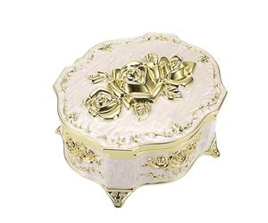 SUMTree Vintage Music Box Klein Weiss Schmuckbox Metall Keepsake Box Musical Jewelry Box Schmuckkästen Schmuckkoffer für Ring Ohrringe Damen Geschenk Geburtstag Hochzeit Weihnachten Valentinstag