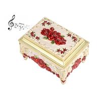 SUMTree Vintage Music Box Metall Schmuckschatulle mit Spieluhr Quadratische Schmuckbox Weiss Schmuckkästen mit Rot Blumen Schmuckaufbewahrung Organizer für Ring Armband Ohrringe Damen Geschenk