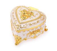 SUMTree Vintage Schmuckkästen Deckel Metall Milchweiß Goldenblumeform Schmuckbox Schmuckkiste Schmuckkoffer Ring Armband Ohrringe Damen Geschenk Weichnachten Geburtstag Herzförmig