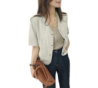 Suncadmious Damen Modischer Sommer Kurzarm-Blazer | Leichter Baumwoll-Leinen-Blazer mit elegantem V-Ausschnitt | Kurzes Business-Hemd mit Button-Down-Kragen (Aprikose,M)