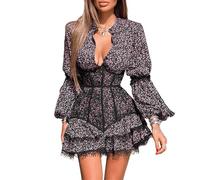 Suncadmious Damen Sommer Süßes Frisches Blumenspitze Kurzes Kleid Tailliertes Langarm Spitzenkleid V-Ausschnitt Gothic Harajuku Retro Wickel Hip Mini Party Anzug (Schwarz,M)