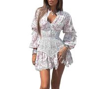 Suncadmious Damen Sommer Süßes Frisches Blumenspitze Kurzes Kleid Tailliertes Langarm Spitzenkleid V-Ausschnitt Gothic Harajuku Retro Wickel Hip Mini Party Anzug (Weiß,M)