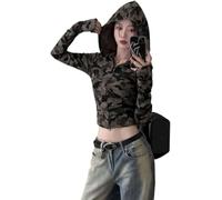 Suncadmious Damen Vintage Leopardenmuster Reißverschluss Kapuzenoberteil College Style Hip Hop Harajuku Streetwear Mädchen Schlankes Reißverschluss Kurzes Oberteil (Tarnung,S)