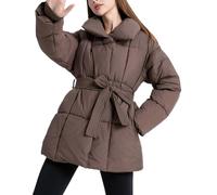 Suncadmious Damen Winter Leichte Steppjacke Mit Gürtel Mit Taschen Lange Verdickte Warme Winterjacke Elegante Latzjacke Mit Reißverschluss Knopf (Kaffee,M)
