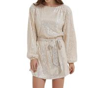 Suncadmious Damenmode Pailletten Langarm Taille Kurzes Kleid Langarm Rundhalsausschnitt Club Kurzes Kleid Schnürung Abend Glitter Cocktail Anzug (Gold,XL)