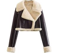 Suncadmious Frauen Lederjacke Kunstpelz Moto Jacke Thicken Fleece gefüttert Parka Winter Shearling Fluffy Coat Cropped Bomber Jacket (Kaffee,S)