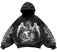 Suncadmious Herren Damen Y2K Vintage Totenkopf Print Casual Hoodie College Style Gothic Langarm Hoodie Lose Übergroße Street Retro Paar Sweatshirt (Schwarz 5,S)