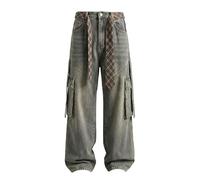 Suncadmious Herren Modische Vintage Karierte Used-Look Jeans mit Gürtel, Y2K Oversized Klassische Jeans mit Gürtel und großen Taschen (blau 1,3XL)