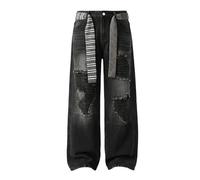 Suncadmious Herren Modische Vintage Karierte Used-Look Jeans mit Gürtel, Y2K Oversized Klassische Jeans mit Gürtel und großen Taschen (Schwarz,XL)