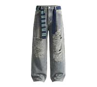 Suncadmious Herren Modische Vintage Karierte Used-Look Jeans mit Gürtel, Y2K Oversized Klassische Jeans mit Gürtel und großen Taschen (Blau,L)