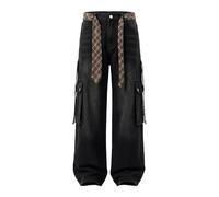 Suncadmious Herren Modische Vintage Karierte Used-Look Jeans mit Gürtel, Y2K Oversized Klassische Jeans mit Gürtel und großen Taschen (schwarz 2,M)