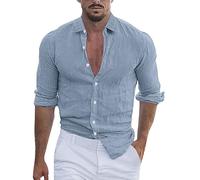 Sunfashion Leinenhemd Herren Langarm Hemd Stehkragen Herren Leinen Indianer Kostüm Herren Herren Hemden Langarm Bügelfrei Leinenhemd Herren Langarm Sommer Men'S T-Shirts Old Money Herren Lein(BU2, XL)