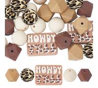 SUNNYCLUE 1 Beutel 27 Stück 5 Stile Braunee Silikonperlen Bedruckte Silikonperlen Cowboy Thema Rund Achteckig Sechseckig Leopardenmuster Rechteckig Kuh Motivperlen Für Schlüsselanhänger Herstellung vo