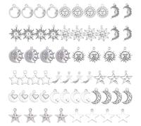 SUNNYCLUE 1 boîte 15 Styles 60Pcs Stern Anhänger Kette Mond Anhänger Silber Antique Argent Soleil Lune Étoiles Charmes Pendentifs Pour Boucle d'oreille Collier Fabrication de Bijoux Fournitures