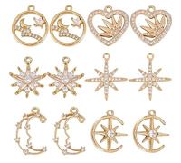 SUNNYCLUE 1 Box 12 Stück Kubikzirkonia Charms Micro Pave Strass Mond Stern Charm Flach Rund Messing Charms Herz Liebe Halbmond Kristall Hohl Charm Für Schmuckherstellung Charms DIY Bastelzubehör